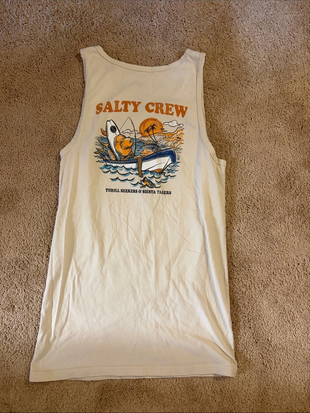 Salty Crew Tan/White Sleeveless Swim Tank with Orange & Blue Graphic